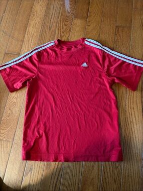 adidas Red Tee with White Shoulder Stripes